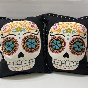 Day Of The Dead Pillows 2 Colorful Black Silver Skull Metal Stud Accents 16x16"